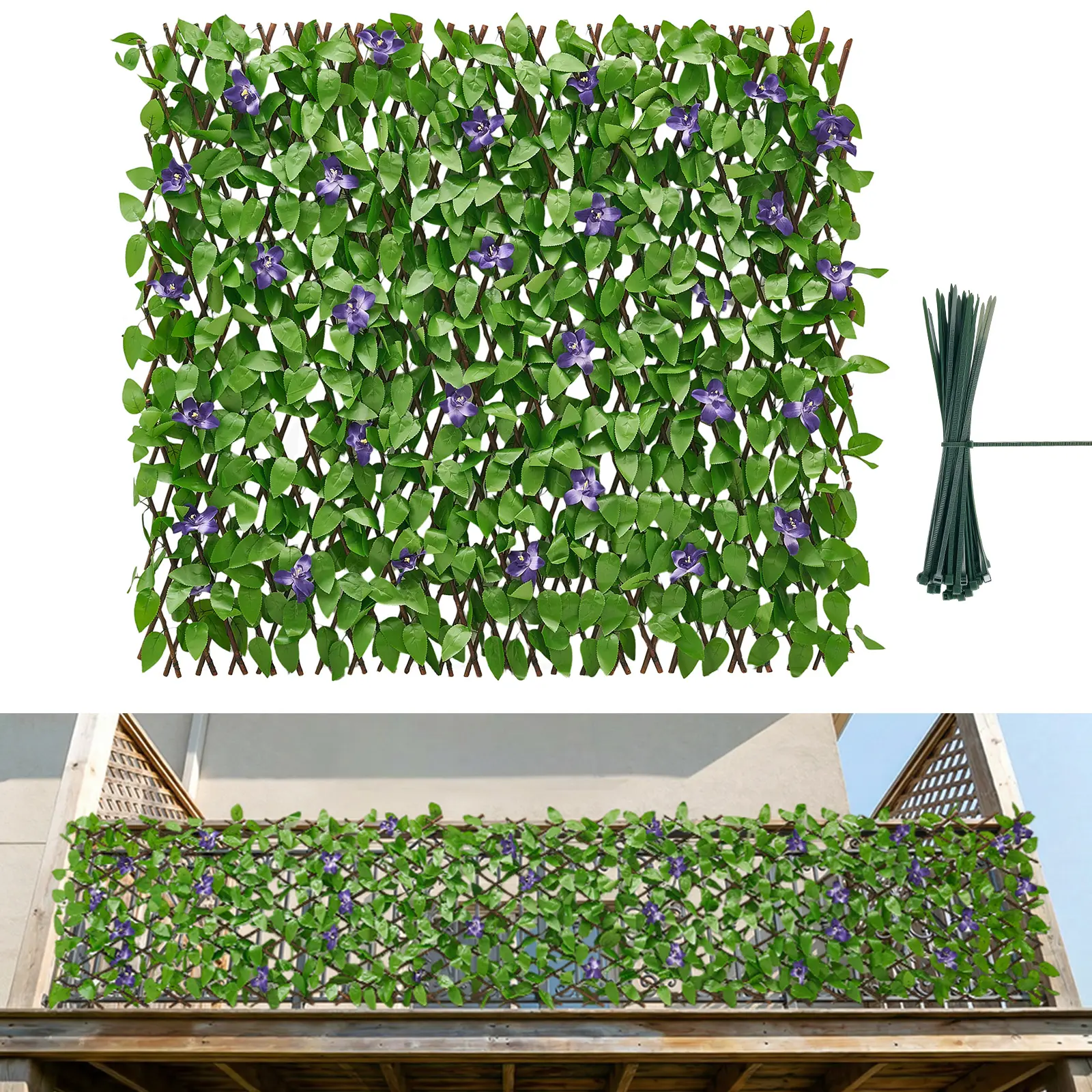 【SummerFinds】VEVOR Expandable-Foldable High-Density Privacy Fence Screen, 25.5x122in Ivy-Like Artificial Boxwood Decorative Fence with Fabric Leaves, 50 Zip Ties, 30 Wood Slat Look Greenery Backdrop for Balcony, Patio, Fathers Day Gift, Ivy‑Like Screen