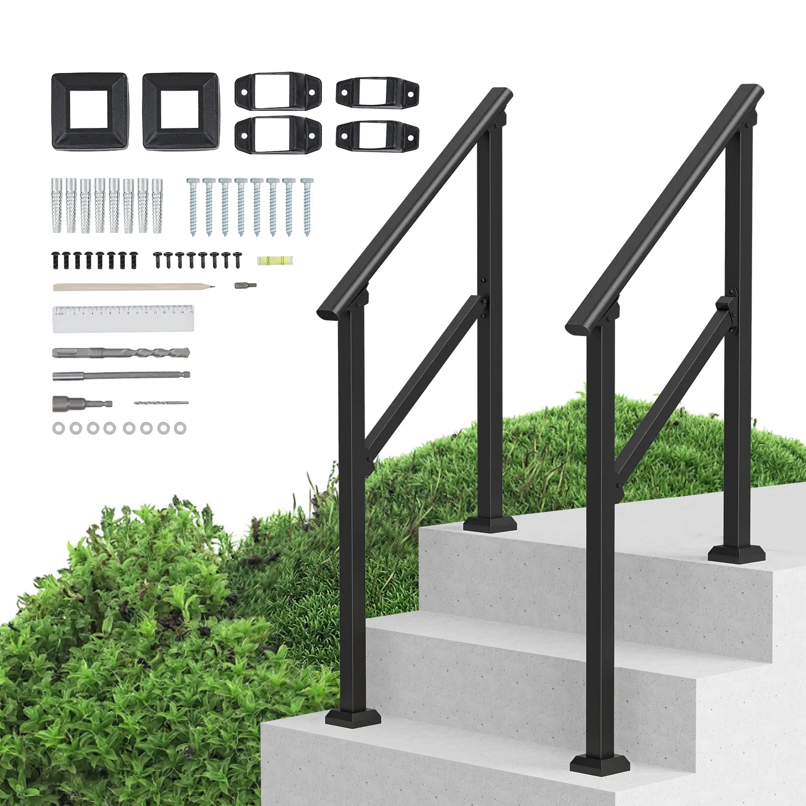 【Summerfinds】VEVOR Handrails for Outdoor Steps,2 PCS 2-3 Step Stair Hand Rail KitTransitional Carbon Steel Railings with Installation KitStair Rails for SeniorsConcrete & Porch & DeckBlack Square Tube, Adjustable Steps Accessories