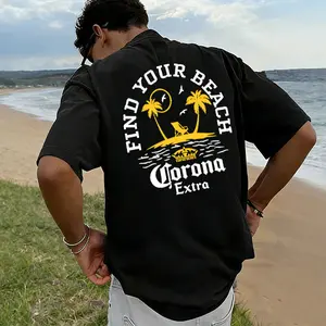 Men’s oversized “Corona Extra ‘Find Your Beach’” graphic T-shirt featuring a retro beer logo print, made from a soft cotton blend—perfect for summer lovers, beachgoers, and casual tropical everyday outfits. tiktokshopspringglowup