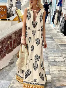 Boho Bohemian Sleeveless Maxi Dress, Ethnic Style Geometric Print, Women's Summer Vacation Swing Dress, Plus Size Fashion, Casual Fashionable Dress