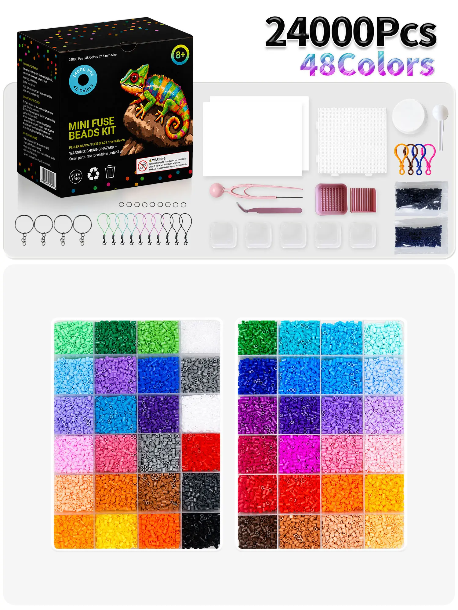 Rounded 2.6mm Perler Beads Kit, 24000pcs 48Colors Beaded Pendant Beading Kits - Complete DIY Craft Tool Set with Pegboards, Ironing Paper, Tweezers for Adults, Arts and Crafts Supplies, Great Gift for Teens