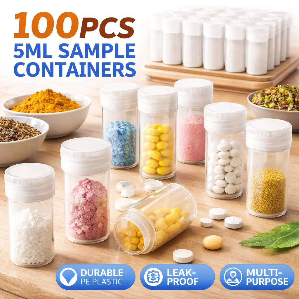 100Pcs 5ml Transparent Cylindrical Plastic Vials with Caps - Leakproof Small Preserving Containers for Medication, Powders, Liquids - Ideal for Home, Travel Kitchen Storage Utensils