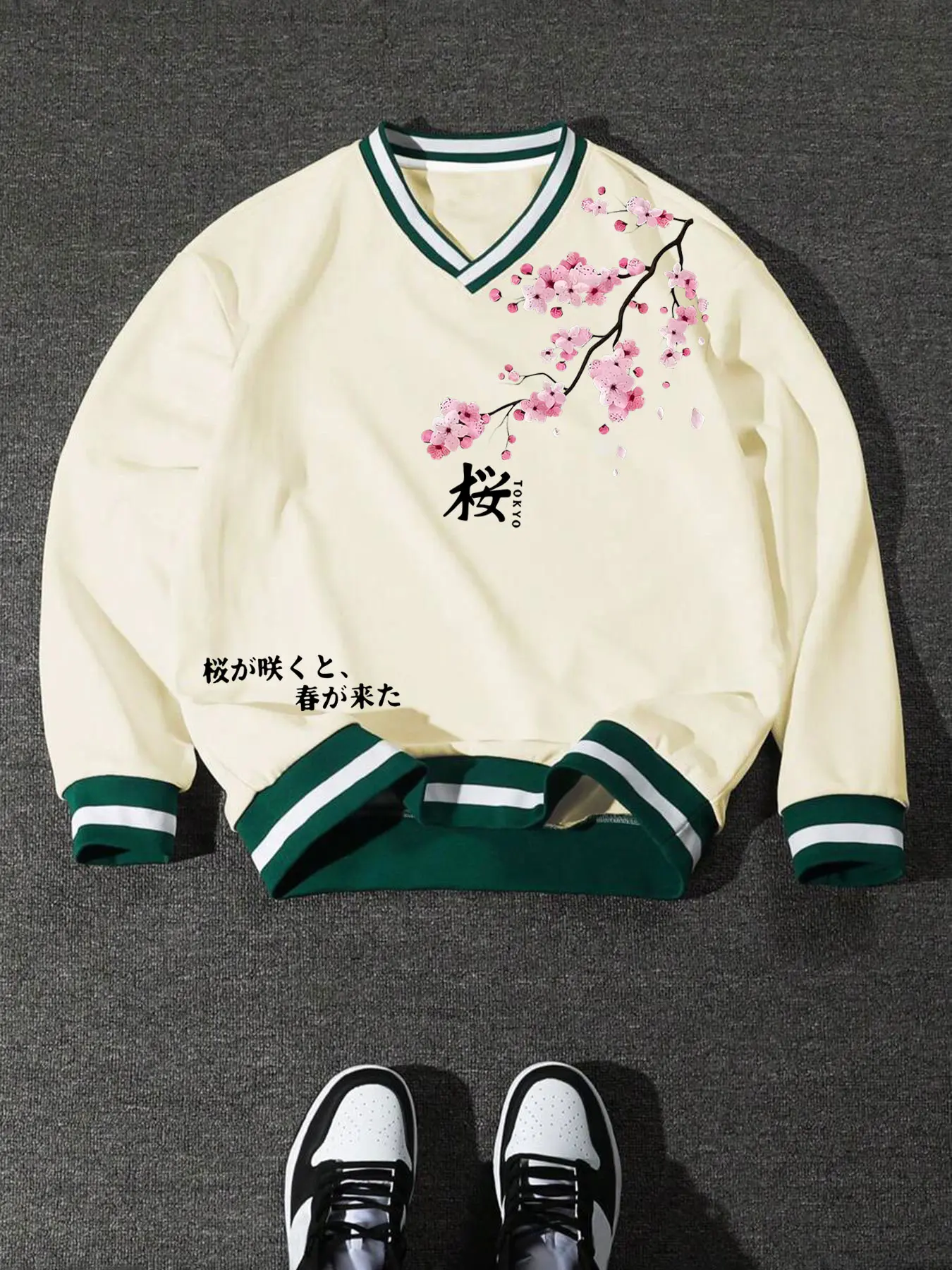 Tokyo Sakura V-Neck Fitted Long Sleeve Sweatshirt, Kawaii Casual Aesthetic Fashion Japanese Style Streetwear, Floral Cherry Blossom Graphic Print & Japanese Design, Animecore Lover All Seasons Tops