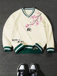 Tokyo Sakura V-Neck Fitted Sweatshirt, Kawaii Fashion Japanese Style, Floral Cherry Blossom Print & Japanese Design, Graphic, Animecore Lover All Seasons