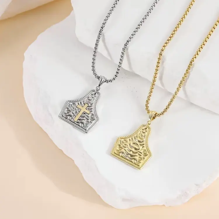 Unisex 14K Gold Cross Pendant Necklace with Intricate Design and Chain.Handmade Western Cow Tag Badge Cross Pendant Necklace,14K Gold Plated Cowboy Faith Necklace With Box Chain,Vintage Jewelry 2-Color Religious Gifts. campingessentials