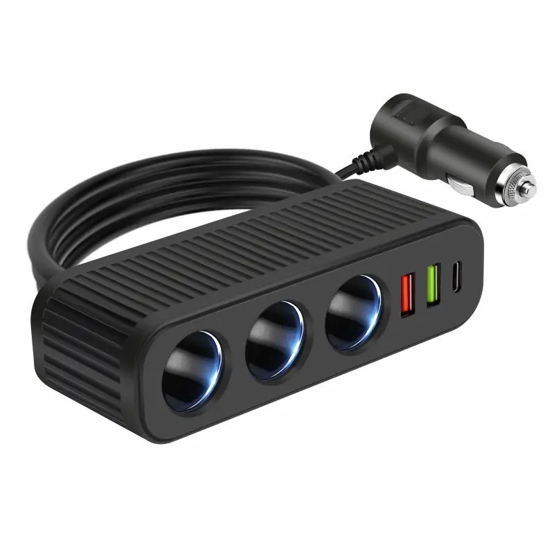 AXVIV 6-in-1 Durable Portable Car Cigarette Lighter Splitter - 12V/24V Universal Fit, 3-Socket Power Outlet, 30W Fast Charging Type-C PD & Dual USB Adapters, Extension Cord for Road Trips, SUV Car Electronics Accessory, Fastcharging
