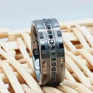 Men's Black IP Plated Gun Metal Tungsten Ring with Diamonds for Wedding and Engagement