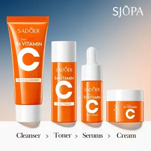 A box of vitamin C skincare travel set for business trips and travel, easy to carry, rich in vitamin C skincare essence, facial cleanser, essential oil, toner, and face cream, perfect as a gift for mom and best friends. Daily