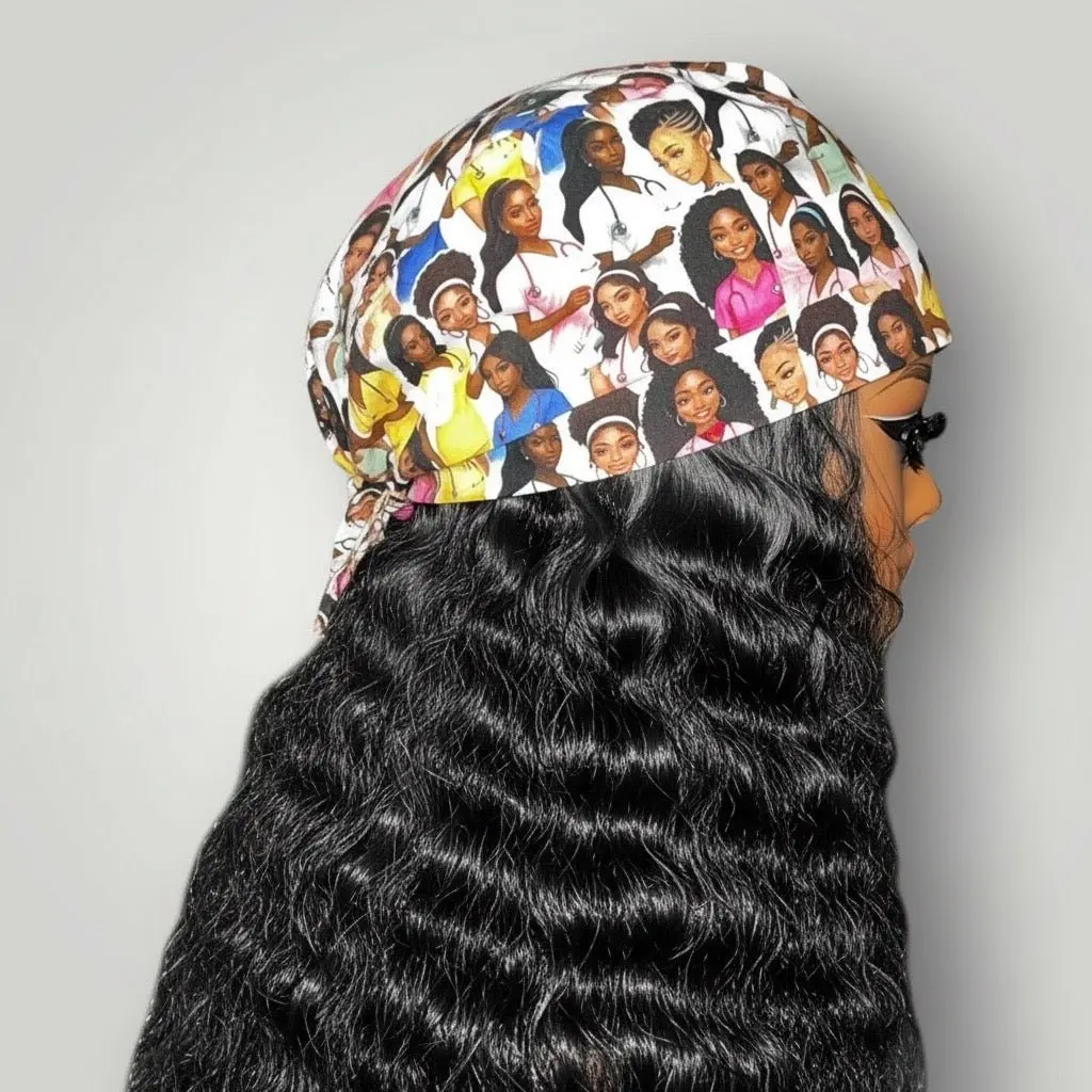 Black Nurse Magic Satin-Lined Tie Back Scrub Cap