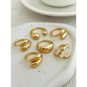 6pcs Set Vintage Minimalist Alloy Teardrop Design Open Rings, Asymmetrical Fashionable Thick Metal Gold Tone Ring Set.Perfect Gift For Birthdays, Holiday Gifts, And Parties. Suitable For All Seasons, And Is An Ideal Choice For Holiday Accessories.