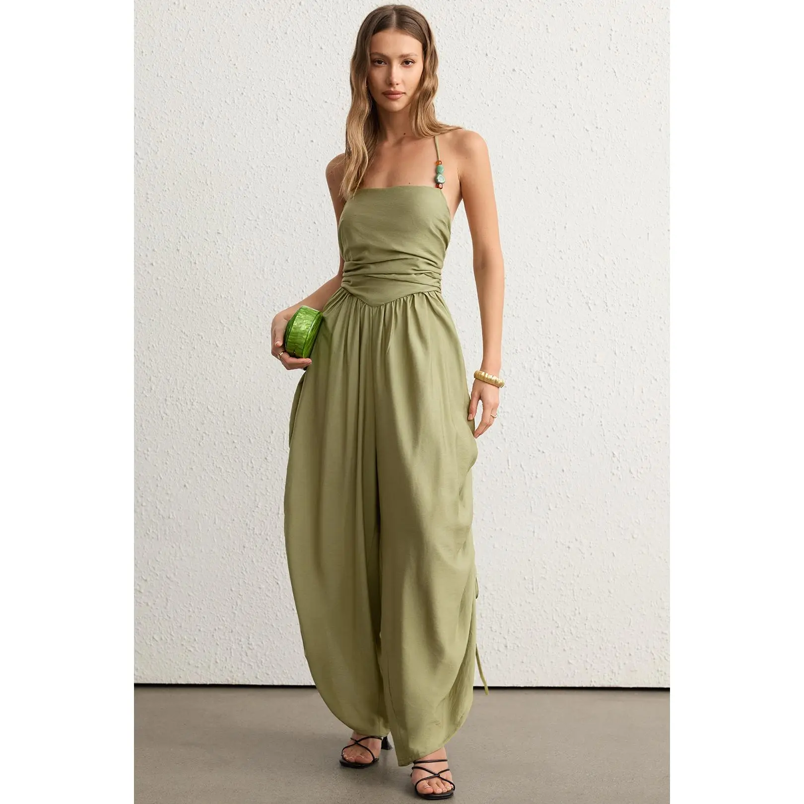 Linen Beaded Halter Neck Ruched Sleeveless Jumpsuit