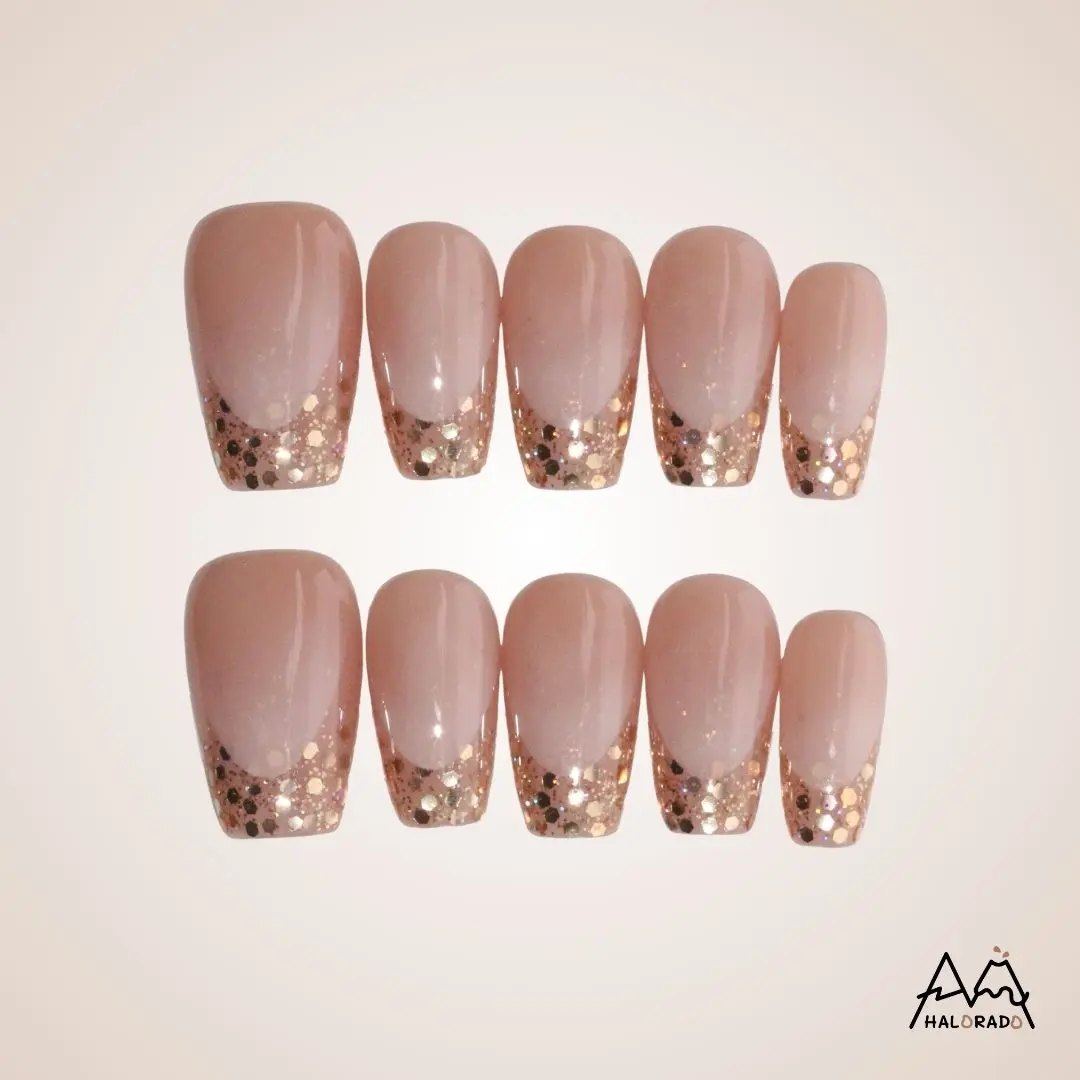 HALORADO Gold Glitter - Handmade Press On Nails - Short Coffin - 10 PCS Reusable Nail Set