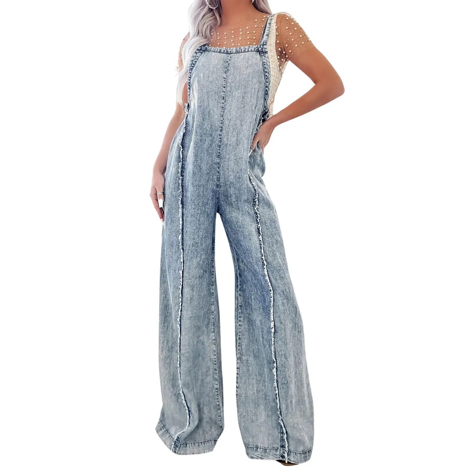 utcoco Denim Jumpsuit for Women, Sleeveless Loose-Fit Fashion Apparel with Adjustable Straps, Wide Leg Frayed Jeans for Holiday Outfits