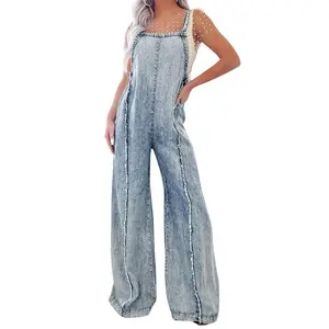 utcoco Women's Sleeveless Loose-Fit Denim Jumpsuit - Adjustable Straps, Wide-Leg Long Frayed Jean Overalls, Casual Women's Clothing for Comfortable Customized Bottoms Jeans Clothes