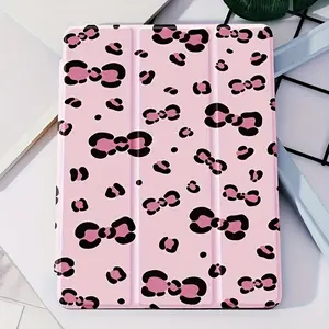 A pink leopard print bow tablet case with a pen slot, suitable for iPad Mini, Air, Pro 4,5,6,7 (2017, 2018, 2019, 2020, 2021, 2022, 2023, 2024, 2025 models), and Samsung S6, 7, 8, 9, 10FE + A7 LTE, SZBCPBT70