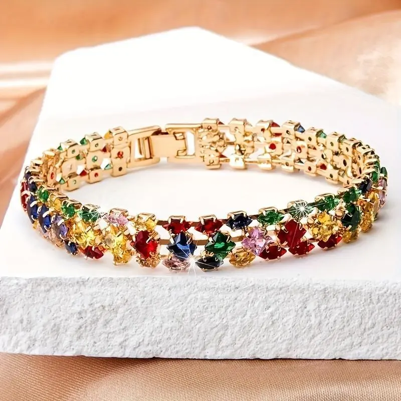Bohemian Sports Wristband - Geometric Design, Zirconia-Gem Accented, Multicolor Jewelry Bracelet, Stackable Bracelet for Everyday Wear, Holiday Parties, Multicolor Stackable Bracelets