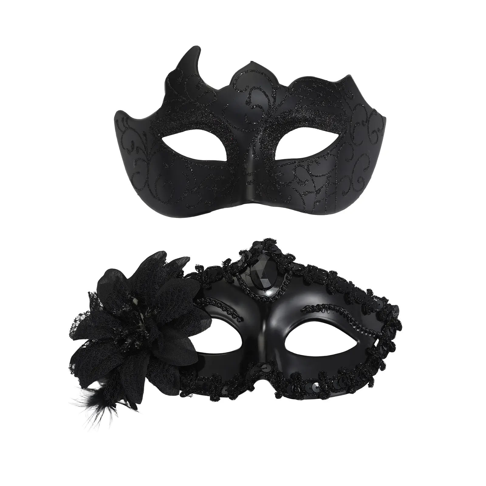 OIDEA Couple Matching Romantic Venetian Lace Floral Feather Half-Face Mask Set, Adjustable-Fit Black 54-60 cm Halloween Party Accessory for Men & Women, Minimalist Lightweight Comfortable Festive Supply