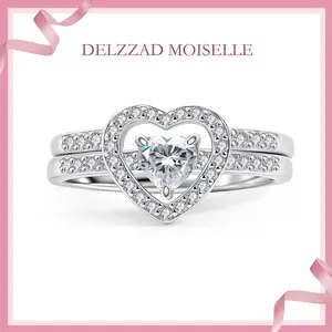Delzzad Halo Heart Cut Ring Set Heart Pair Stacking Ring Band D Color VVS Synthetic Moissanite Ring Jewelry Silver-plated Band Wedding Band Engagement Ring Set Promise Ring Women's Ring for Engagement, Wedding Anniversary & Valentine's Day Gifts