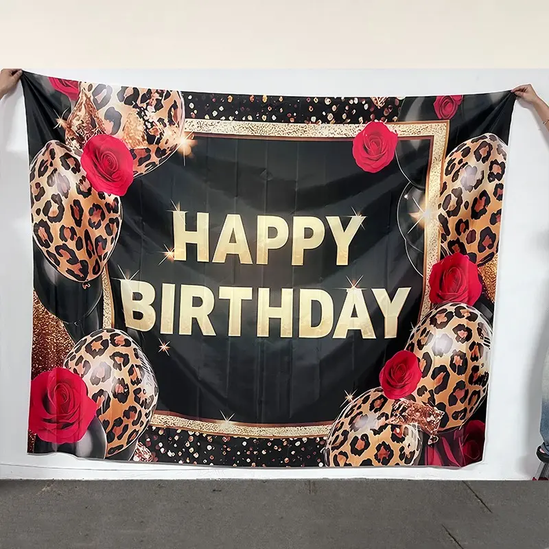 Leopard Print Rose Birthday Backdrop Banner, Perfect for Party Supplies, Happy Birthday Decorations, Anniversary, Holiday Celebration, Cake Table Decoration