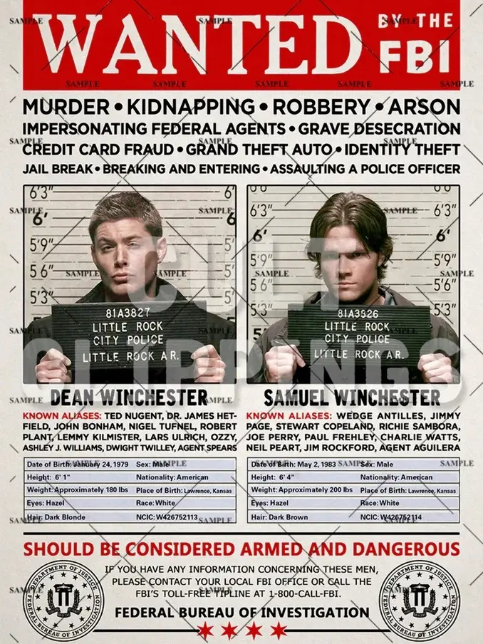 Supernatural Winchester Brothers FBI Wanted Poster Print