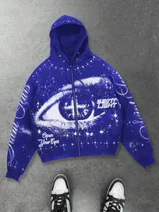Blue starry sky eye geometric print cardigan fitted hoodie for men and women, Long Sleeve Sweatshirts, zipper hoodie, American retro hoodie, European and American street style