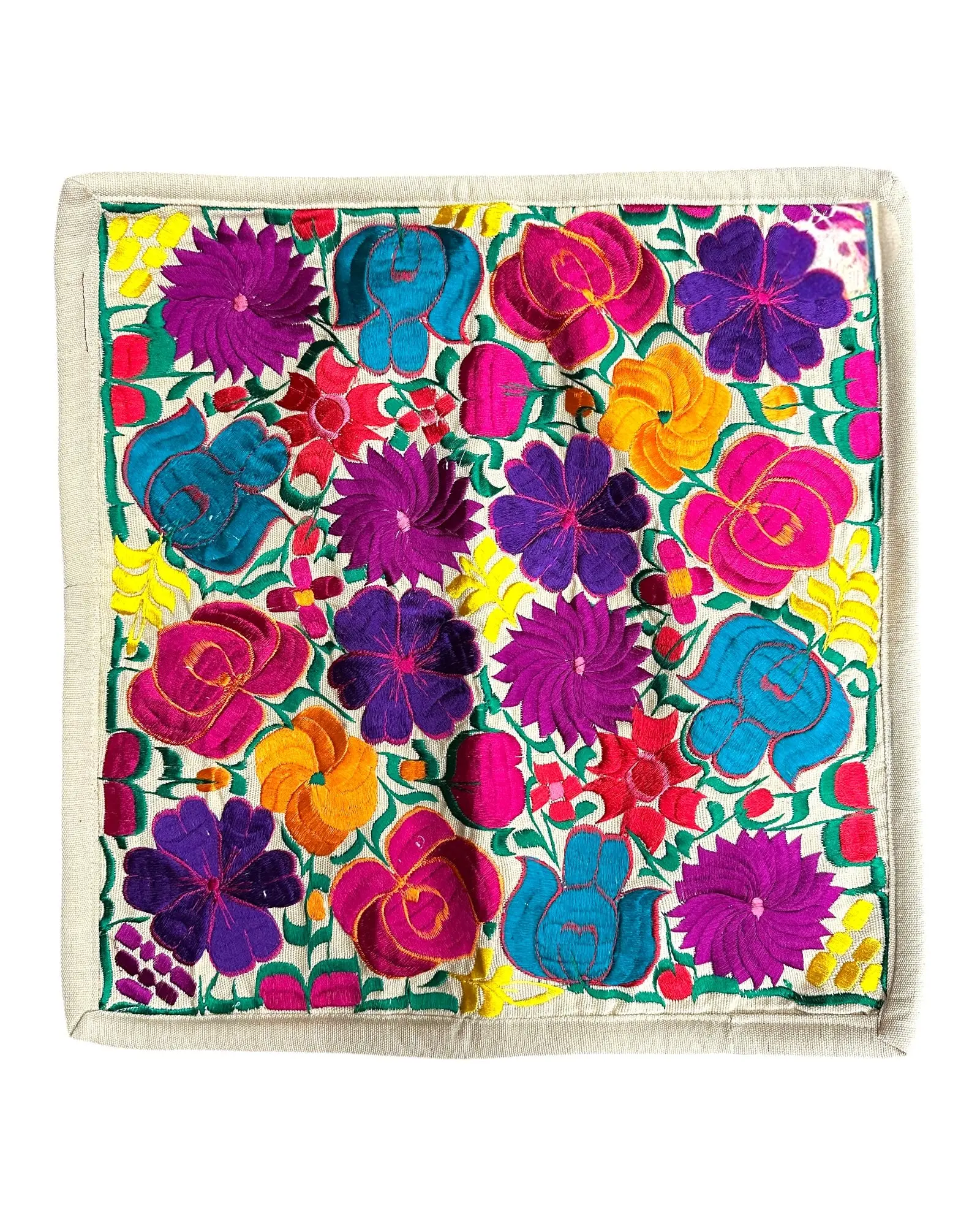 Mexican Beige Floral Embroidered Pillow Cover