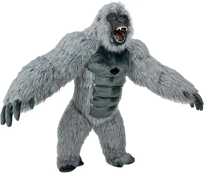 Adult Giant Gray Scary Gorilla Inflatable Costume - Thick, Natural King Kong Outfit with Fan, Battery, Zipper, Strap for Halloween, Cosplay