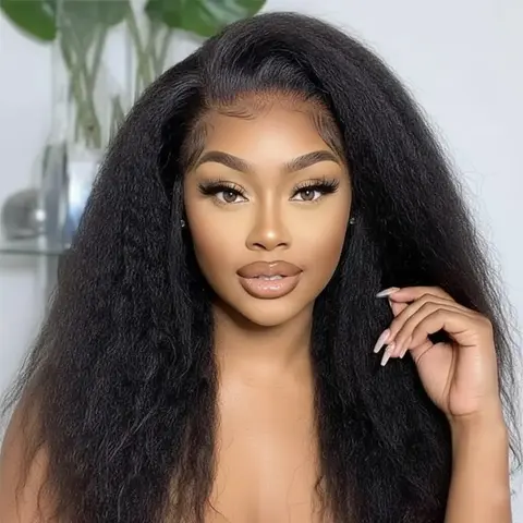 BLING HAIR Kinky Straight 13x6 Human Hair Wig - Yaki Straight 13x6 HD Transparent Lace Front, Pre-Plucked Lace Frontal Wigs For Women