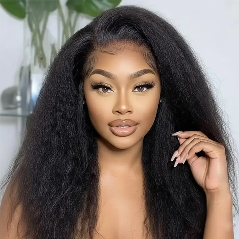 BLING HAIR Kinky Straight 13x6 Human Hair Wig - Yaki Straight 13x6 HD Transparent Lace Front, Pre-Plucked Lace Frontal Wigs For Women