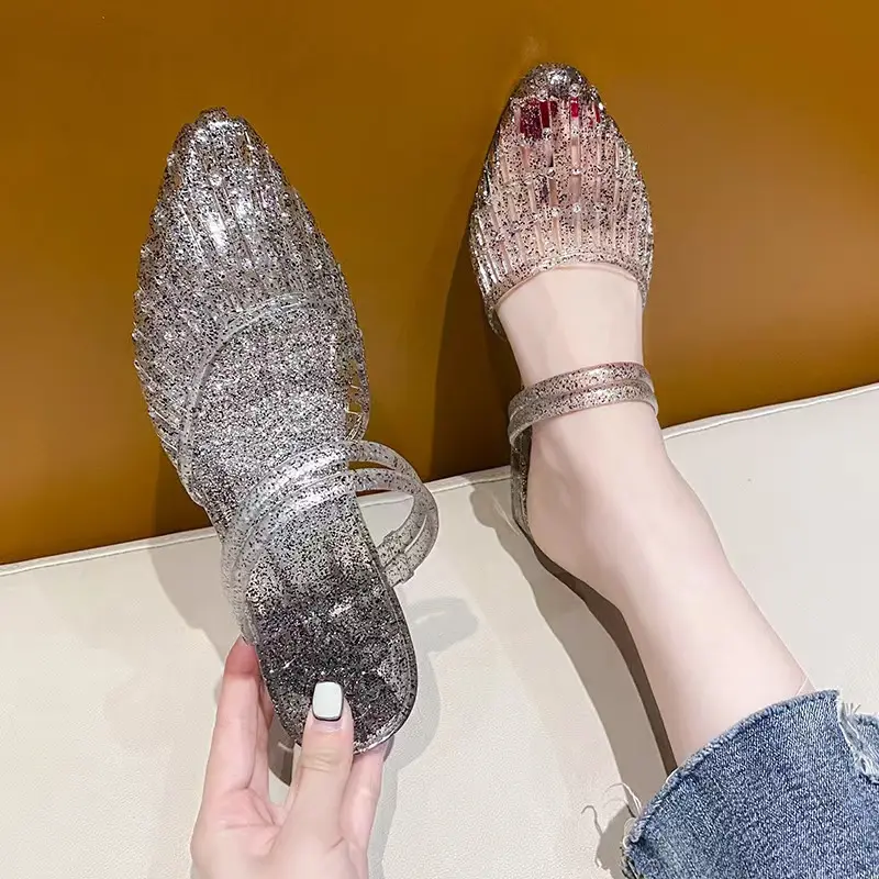 2026 Latest Pointed-Toe Gradient Crystal Sandals, Closed-Toe Hollow Out Shoes, Fashionable Jelly Transparent Women'S Two-Way Sandals, Summer Wholesale, Women Shoes