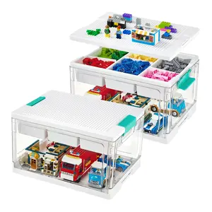 Vtopmart 1-2 Pack 24QT Collapsible Building Block Storage Bin, Multilayer Adjustable Organiser with Building Baseplate Lid, Removable Tray & Divided Compartment for Art Crafts Sensory Toys Squishy, Water&Dust Prooft