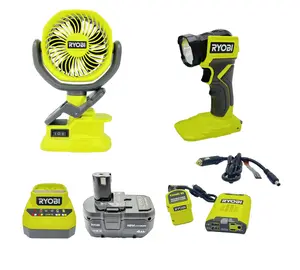 RYOBI 18-Volt Camping Kit with Fan, Light, Inverter, Battery and Charger