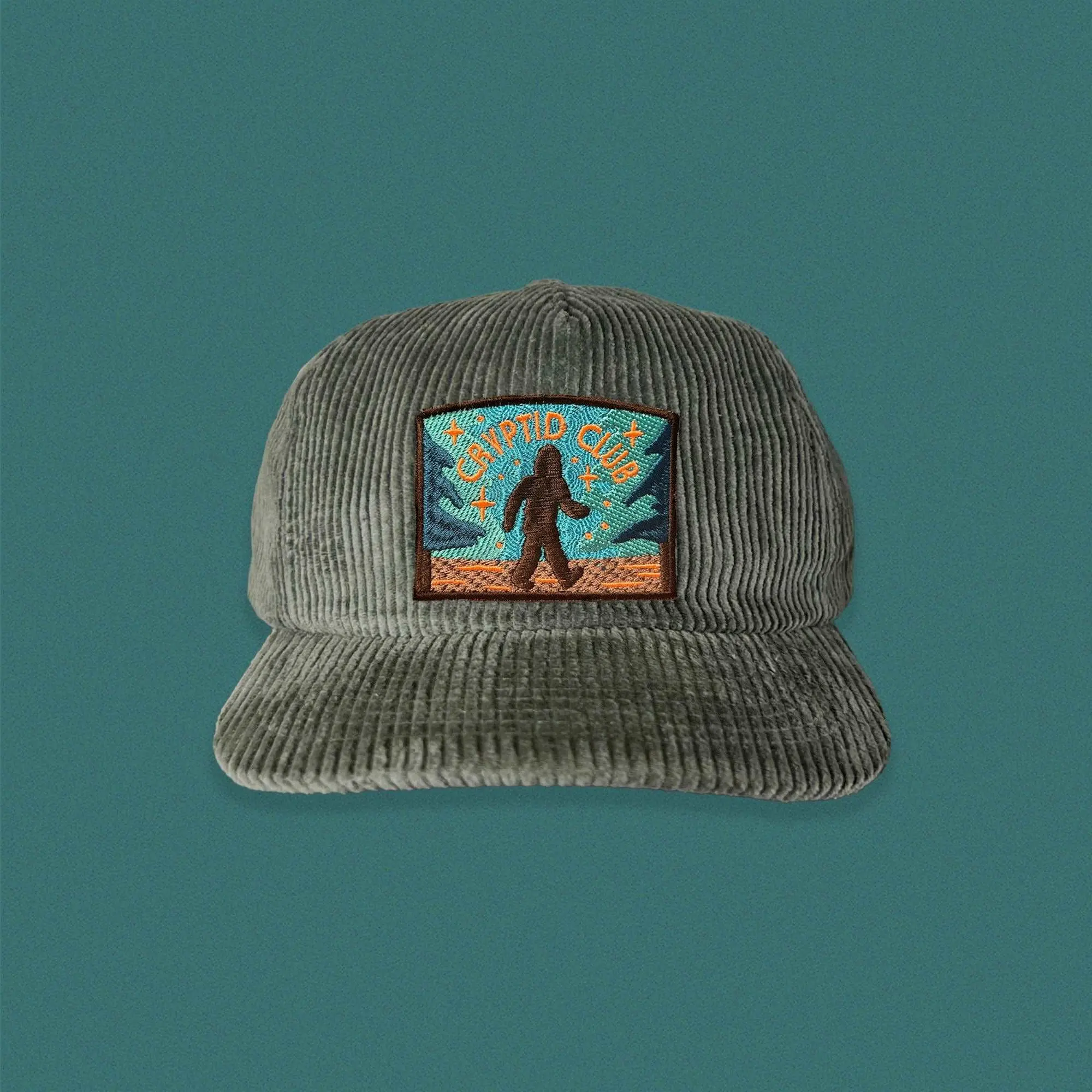 The Space Bureau Bigfoot Cryptid Club 5-Panel Corduroy Patch Hat - 1 Size Fits All, Women's Hats for Believers and Skeptics Everyday Wear, Fabric Strap with Brass Metal Closure