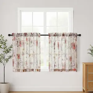 Crushed Short Sheer Curtains 24 Inch Length 2 Pcs, Printed Cafe Kitchen Curtains for Small Windows, Rod Pocket Half Curtain Tiers for Bedroom Living Room Bathroom, 42" W x 24" L