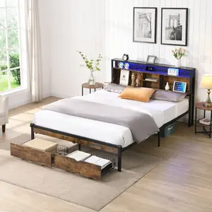 Full /Queen/KingSize Metal Platform Bed Frame with Wooden Headboard and with Footboard USB,Charging Station,2 Drawers,storage, LED Lights, No Box Spring Needed, Easy Assemble    RR
