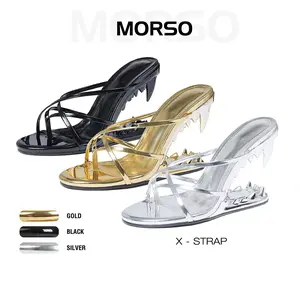 CYNLLIO Morso Sandals For Women Metallic Tiger Teeth Heels Sandals Shark Teeth Heels Open Round Toe Hollow Cross Strap Spring Shoes