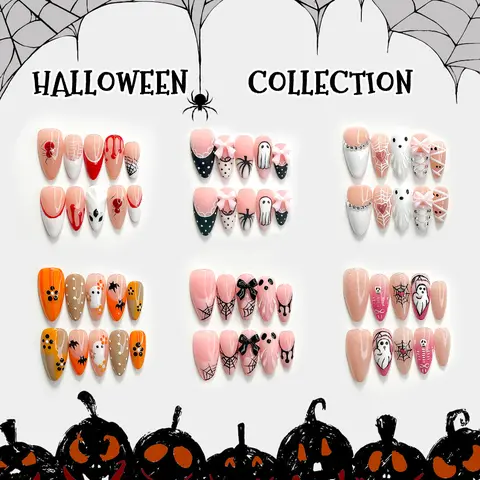 CuraTique Halloween Collection Handmade Press On Fake Nails - 10pcs 3D Gel Finish Reusable, Spooky Spider Web Ghost Pumpkin Art, Easy Application for Parties, with Storage Box
