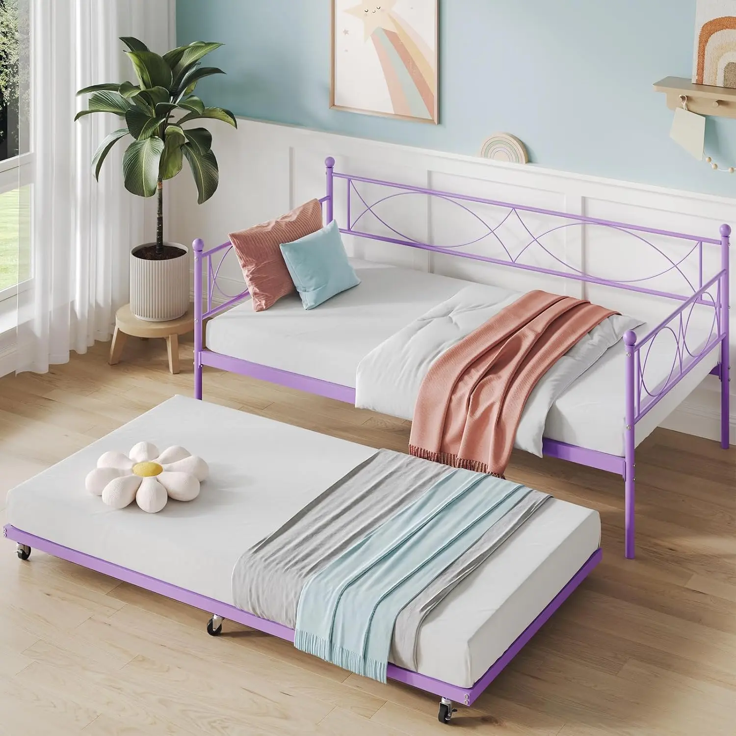 Purple Multifunctional Twin Daybed with Headboard - Pull-Out Trundle, Steel Slats Support, Metal Sofa Bed Frame, Full Mattress Fit (6 to 8 Inch), Assembly Required for Bedroom