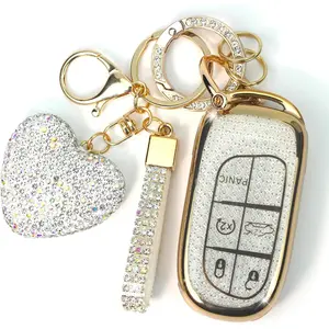 Key Fob Cover with Diamond Keychain for Women, Car Key Holder Compatible with Jeep Grand Cherokee Renegade Dodge RAM Durango Challenger Chrysler Protector, 5 Buttons (White-Heart)