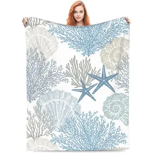 Coastal Nautical Throw Blanket Featuring Starfish Sea Shells and Coral Ideal for Sofa Couch Bed and Birthday Decor Lightweight Soft Fleece Gift