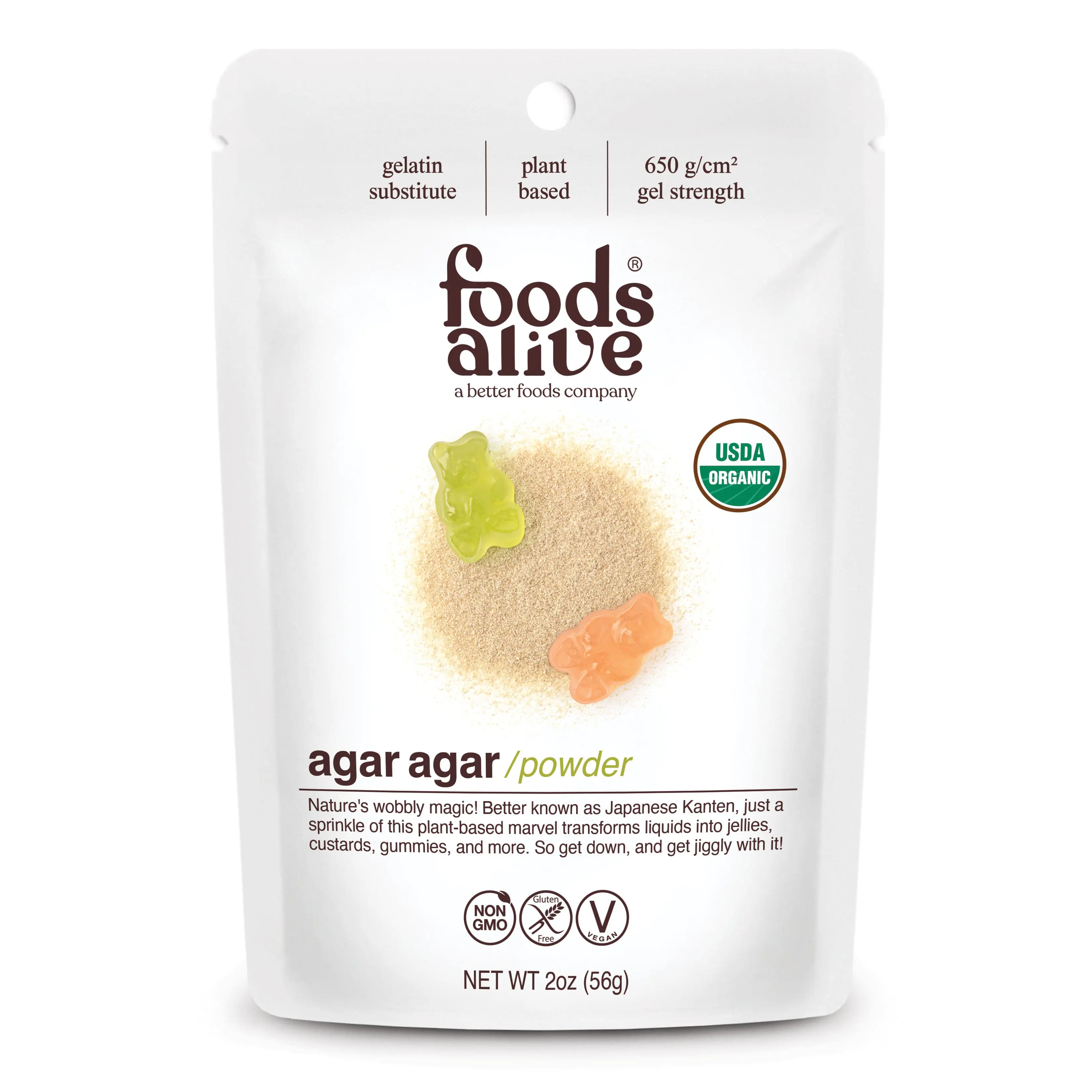 Foods Alive Organic Unflavored GMO-Free Agar Agar Powder, 2oz Refill Pouch, 12-Month Shelf Life, Vegan Plant-Based Gelling Agent for Beverages & Cooking