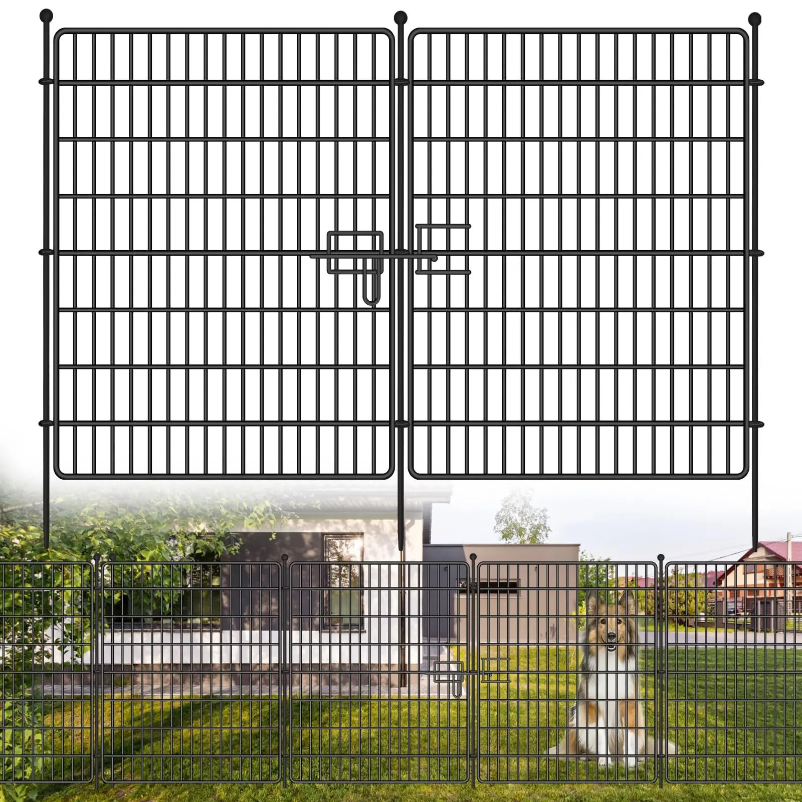 Outdoor Rustproof Iron Wire Decorative Temporary Fence - 15-Panel No-Dig Animal Barrier with Gate, 32 in(H) x 29 ft(L), Easy-to-Assemble Expandable Horizontal Garden Landscape Fence for Yard, Patio