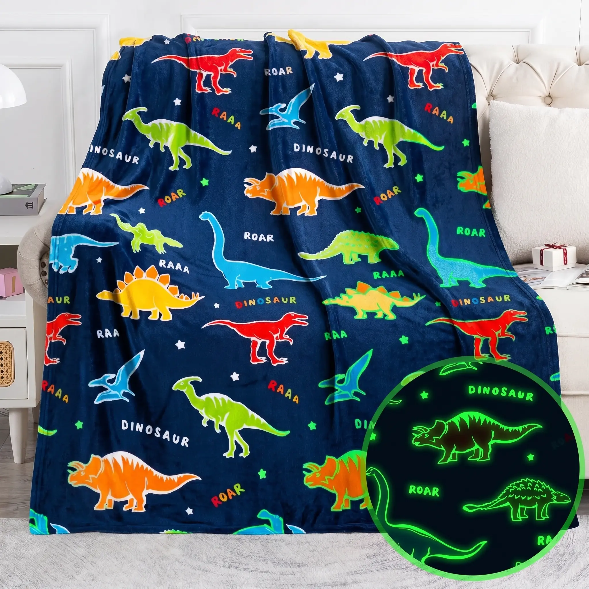 Glow-in-the-dark Dinosaur Blanket - Soft Navy Blue Bedding Blanket, Ideal for Children, Great for Birthday and Christmas Home Decor Gifts