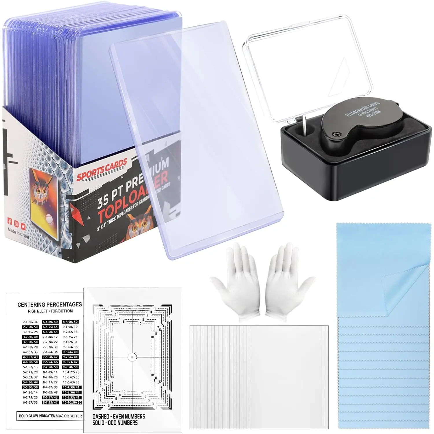 139 count Card Grading Kit, Card Centering Grading Tool Includes One 40x Magnifying Tool, Card Centering Tool with Manual, 25P Card Holders, 100 Pack Soft Sleeves, 10P Cloth, Gloves