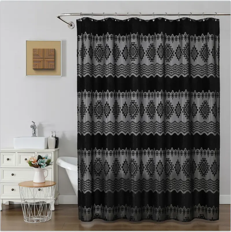 Boho Geometric Shower Curtain Black and Gray Tribal Pattern Waterproof Fabric Bathroom Curtain with 12 Hooks for Bathroom and Dorm Home Decor