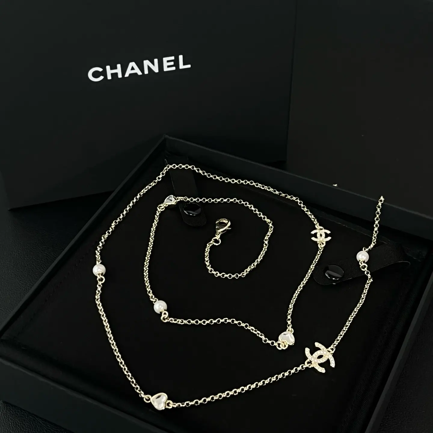 Pre-owned H1 Chanel Double C Pearl Heart Multi Drop Delicate Collarbone NecklaceZSL0618053