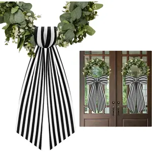2 Pack Boxwood Wreath Sash Garland for Front Door Porch Decor Black and White Stripe
