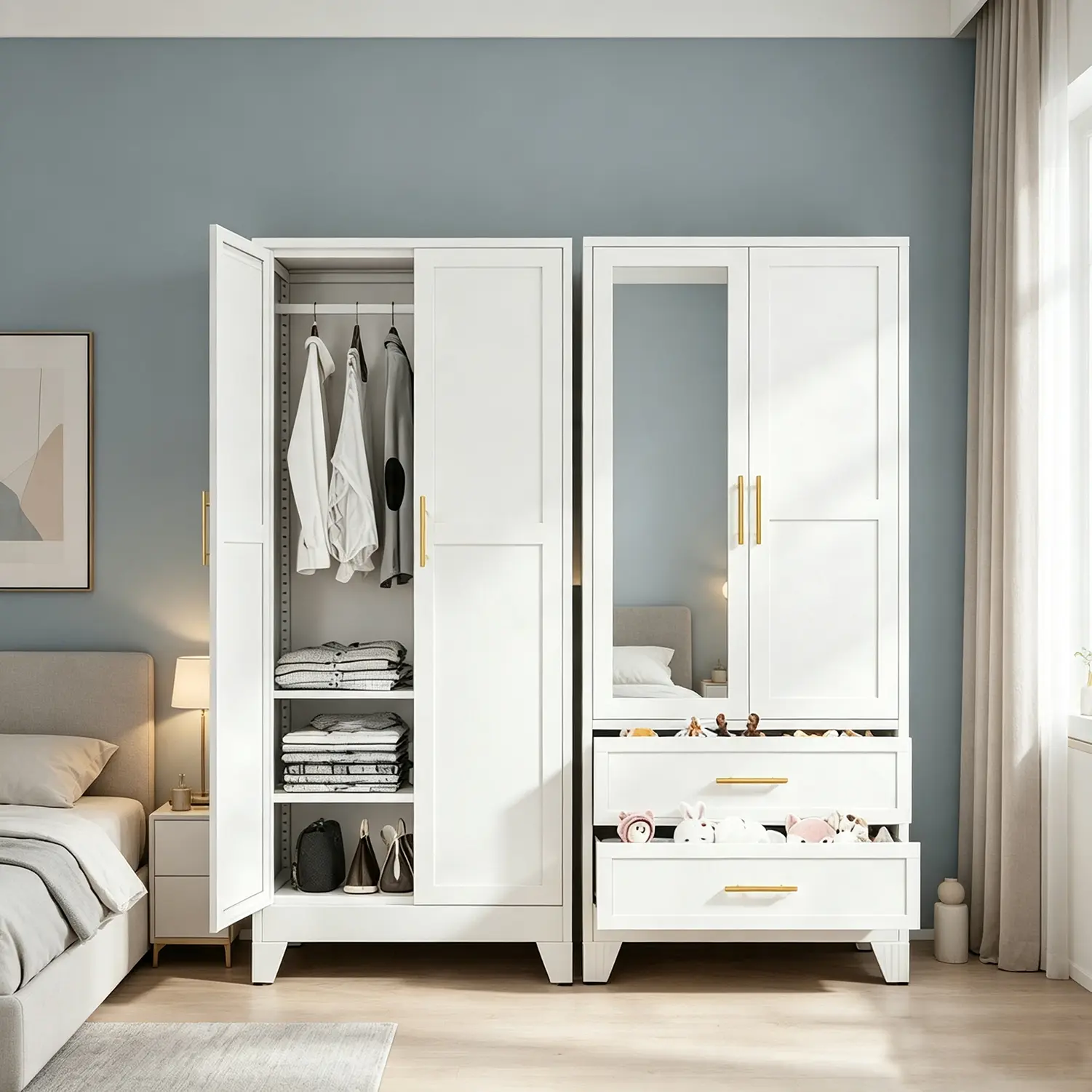 71" Metal Armoire Wardrobe Closet with Mirror, Heavy Duty Steel Clothing Storage Cabinet with Hanging Rod & Adjustable Shelves – Freestanding White Wardrobe for Bedroom, Home Office, Gym