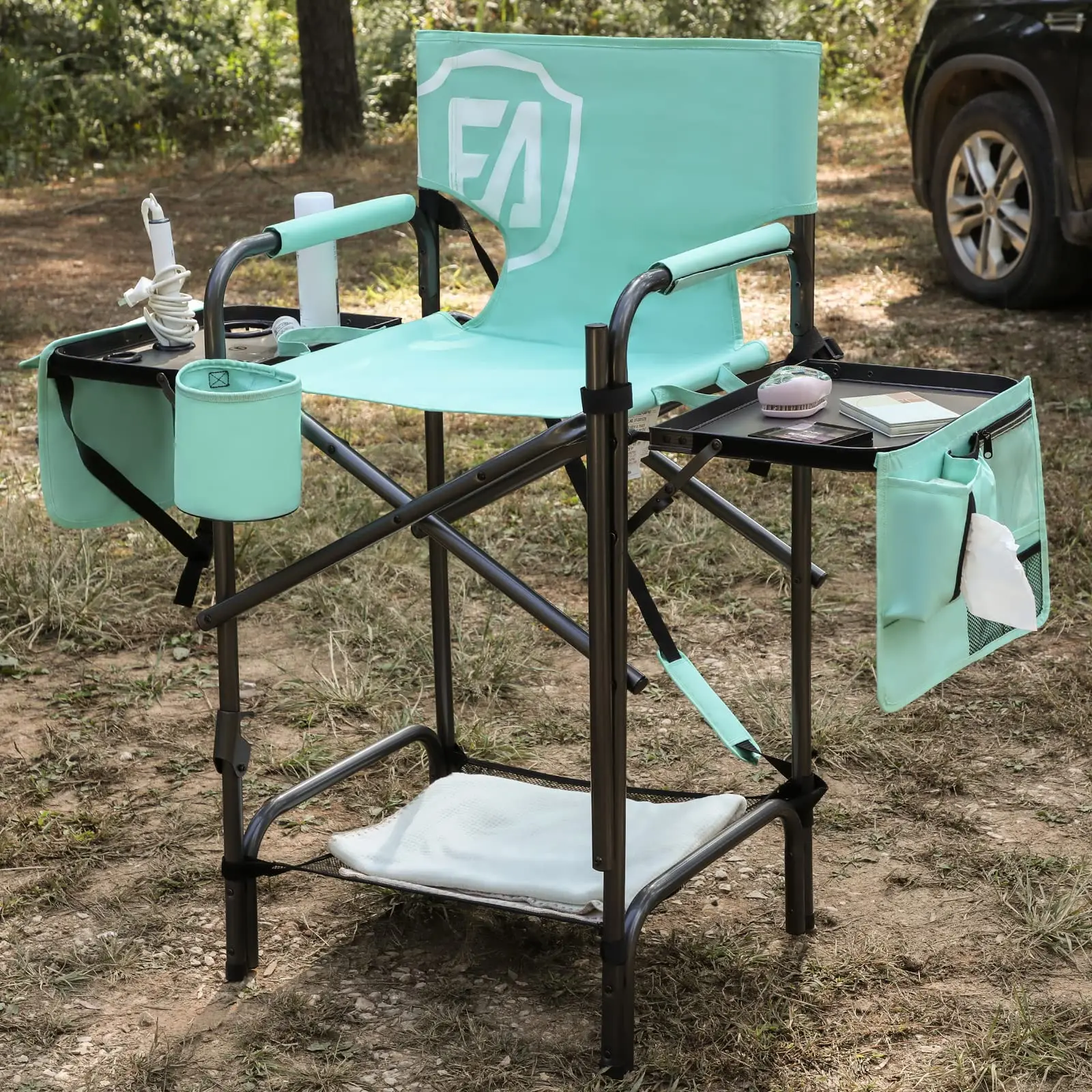 EVER ADVANCED 31" Tall Portable Makeup Artist Chair for Clients Directors Chair with Two Side Tables, Foldable Folding Chair for MUA, Craft Shows, Hair Stylist, Salons, Movie Sets 350LBS