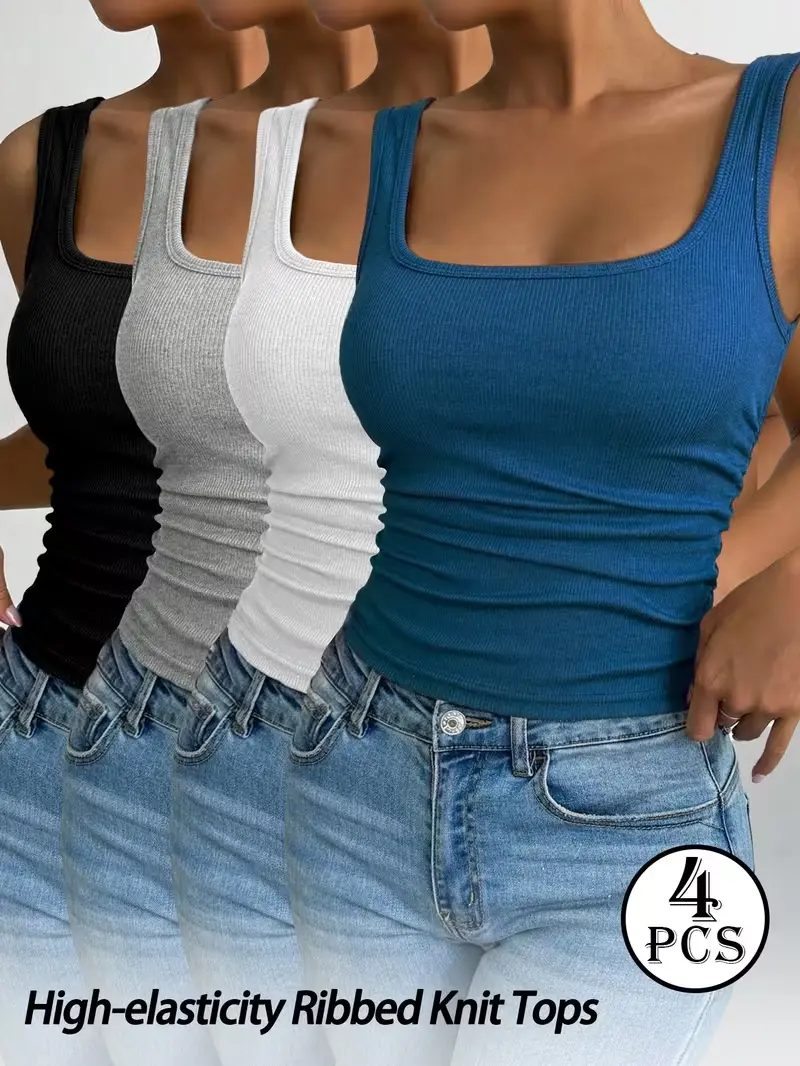 Women's Elegant Back-Threaded Vests (4pcs), Comfortable Fitted Solid Color Crew Neck Sleeveless Pullover Tops, High-Stretch Fabric Casual Bottoming Shirts for Spring & Autumn